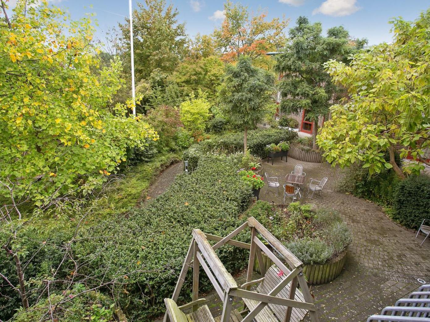 Grønt gårdmiljø med gamle træer, buske og højbede samt bord, stole og hængesofa.