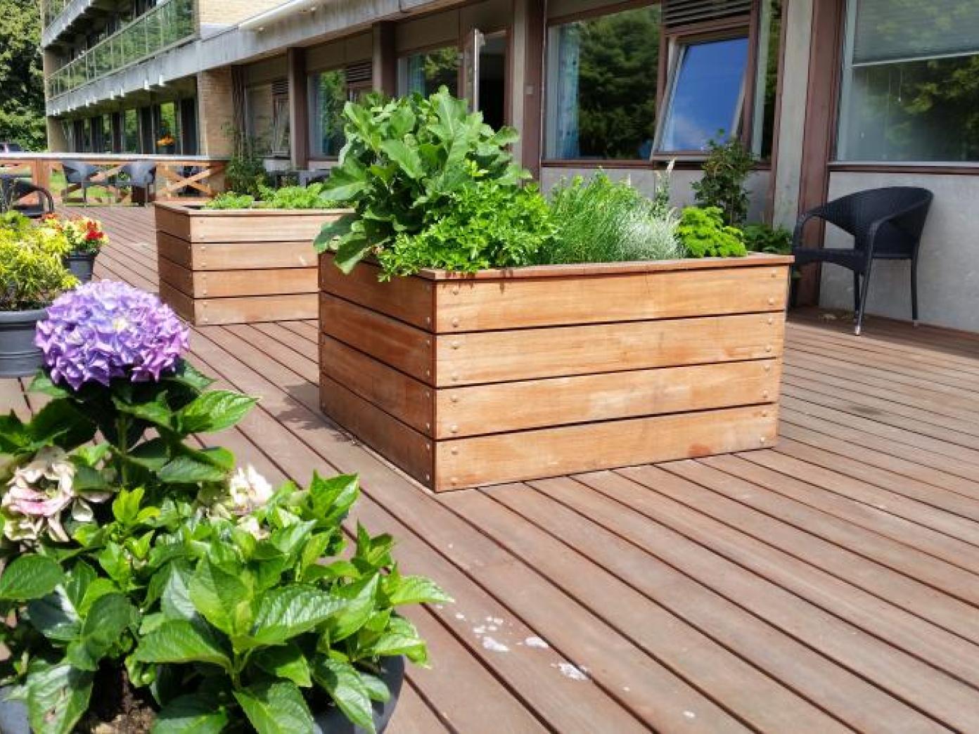 Terrasse i træ med højbede med grønt og krydderurter, blomster i krukker samt kurvemøbler.