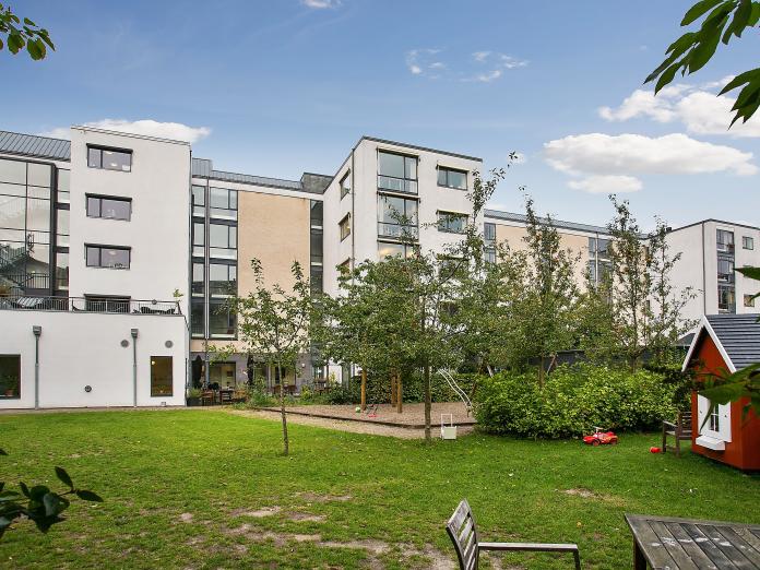 Absalonhus' forskudte bygninger set fra gårdmiljøet, buske, træer, græs og små grusstier og et rødt legehus.