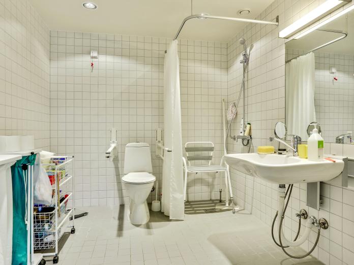 Stort, lyst badeværelse med toilet, vask, stort spejl, bruser og badestol. 