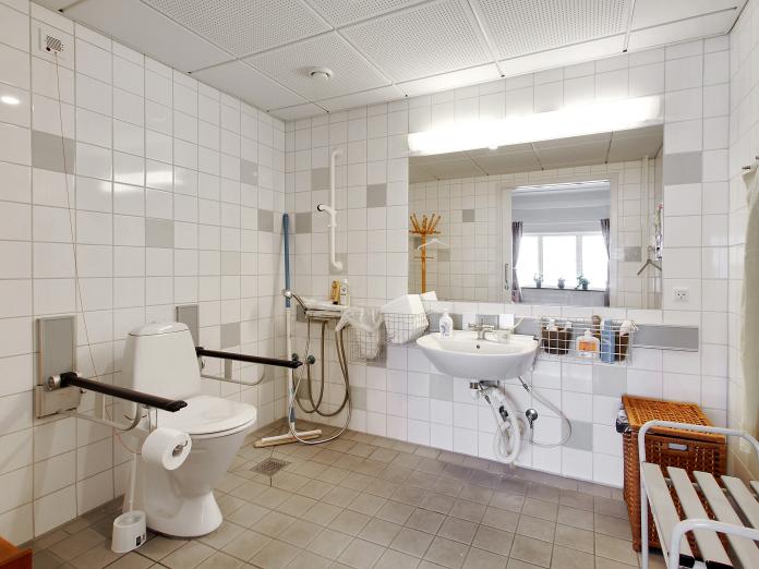 Lyst flisebadeværelse med vask, stort spejl, toilet med armlæn og bruser.