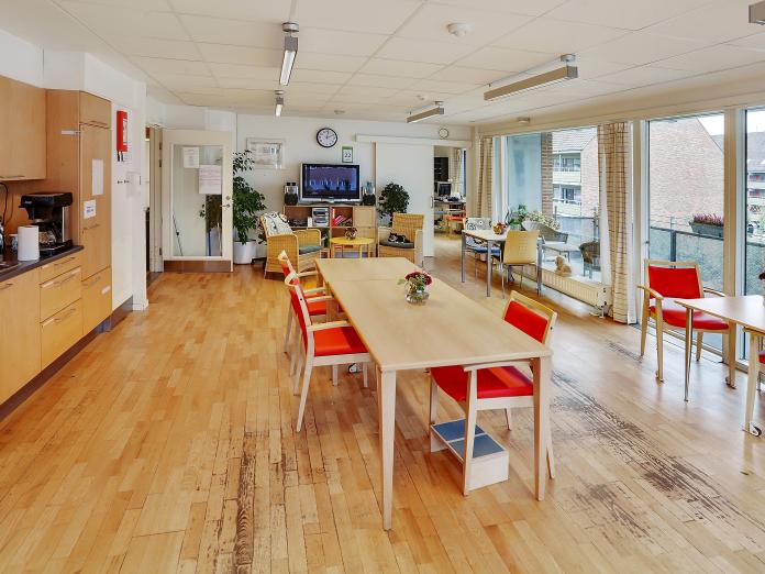 Fællesrum med større køkken, borde og stole i lyst træ samt lille fjernsynsområde med kurvestole og bord.