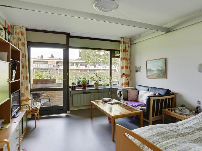 Lyst værelse med stort vindue ud til park med store træer samt udgang til privat altan med kurvemøbler. 