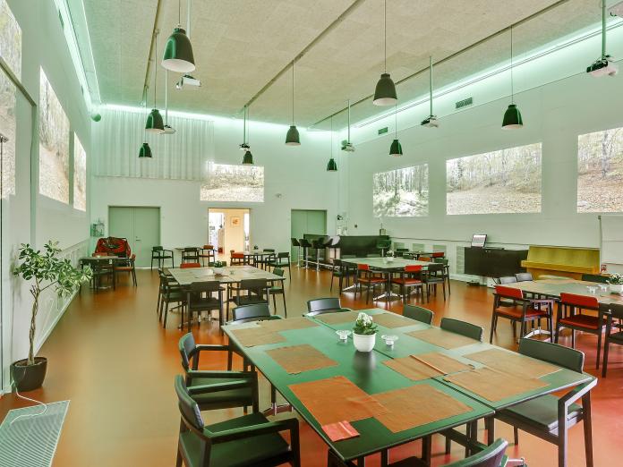 Fælles spisesal med orange gulve og hvide vægge samt flere borde med stole omkring. Der er også en bar med barstole, grønne planter, et klaver og projektører, der projekterer naturbilleder på væggene.
