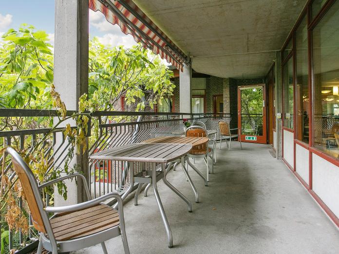 Svalegang med caféborde, stole og høje træer, som når helt op til svalegangen. 