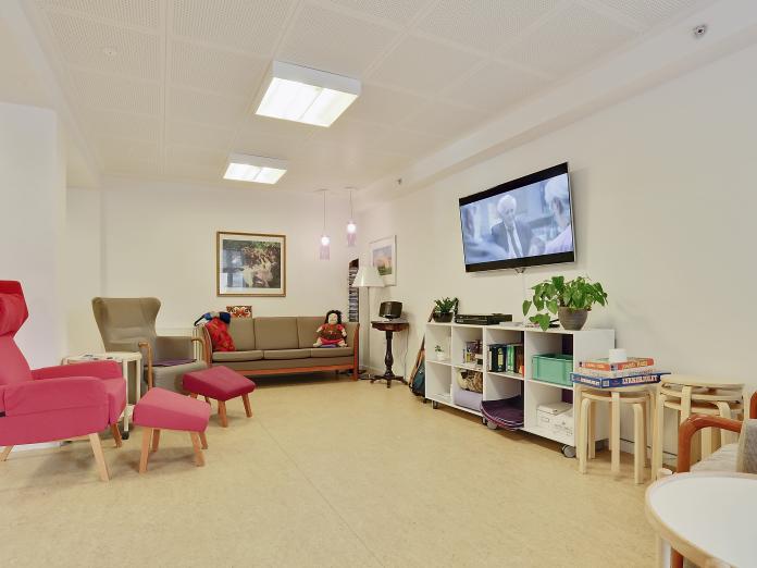 Fælles stue med lænestole, sofa og sofabord samt en reol, hvorover der hænger et stort fjernsyn. I reolen er der forskellige brætspil og bøger.