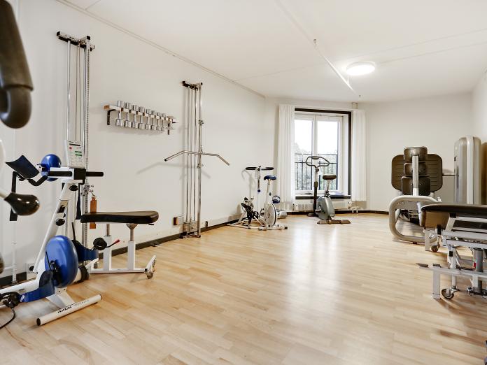 Lyst motionsrum med forskellige træningsmaskiner, frivægte og en briks.