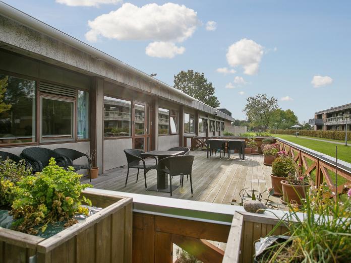 Stor, fælles terrasse i træ med højbede med grønt og krydderurter samt blomster i krukker og kurvemøbler. 