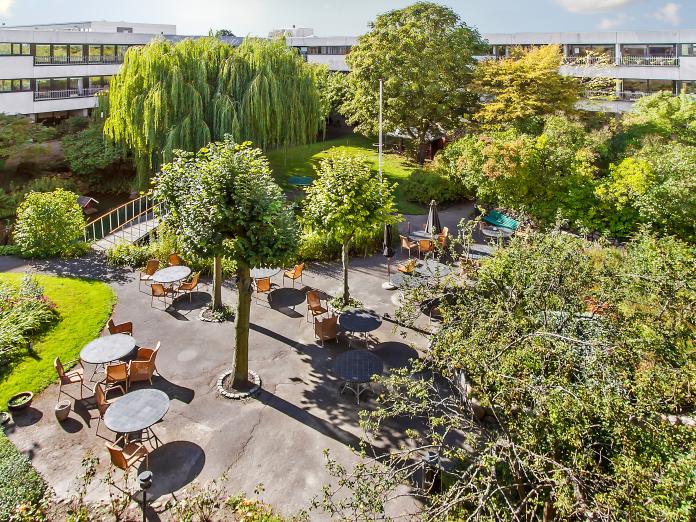 Grøn gårdhave at fra oven med store grønne træer, grønt græs og buske. Haven indeholder også en stor terrasse med caféborde og flotstole samt blomster i krukker.
