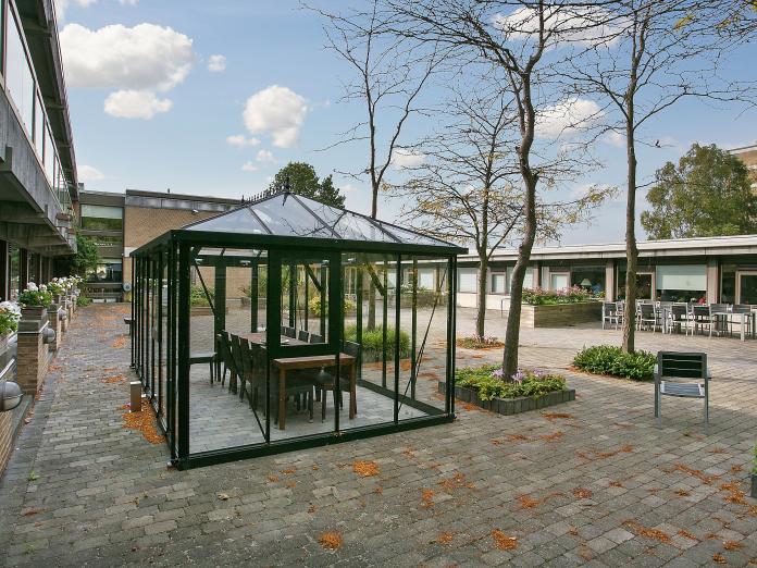 Stor, fælles fliseterrasse med høje træer, bede, blomster og møbleret drivhus. 