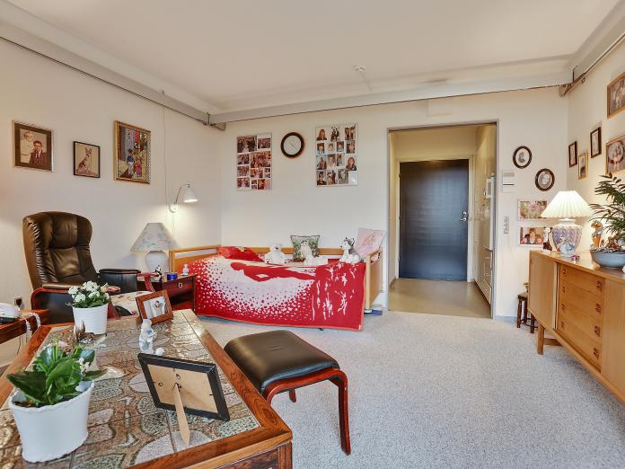 Lyst værelse med gulvtæppe, seng og kig til lille gang med indbygget skab. 