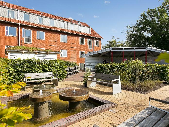 Grøn gårdhave med springvand, bænke og blomsterbede omkranset af bøgehække.