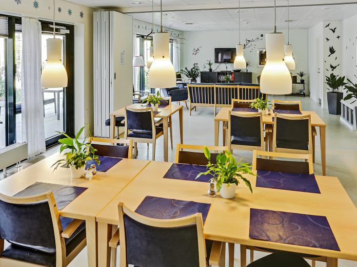 Stort fællesrum, der kan deles op med foldedøre. Den ene ende af rummet er indrettet med borde og stole og på bordene står der potteplanter. I den anden ende er sofa, lænestole og sofabord samt en reol med et væghængt fjernsyn over. Derudover er rummet indrettet med grønne planter i krukker og kunst på væggene.