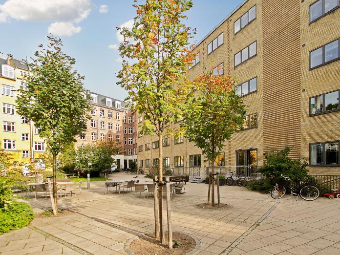 Moderne etagebyggeri i gule mursten. Foran bygningen er en stor flisegård med træer, buske og borde-bænke-sæt.