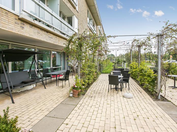 Fælles gårdmiljø med lyse fliser, espalier med grønne klatreplanter og sorte havemøbler.