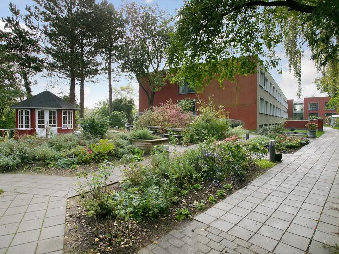 Stier, forskellige bed og kig til det røde tehus og selve plejehjemmet.