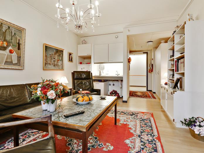 Lys stue med tekøkken med vask og køleskab samt skabe. Stuen er indrettet med personlige som sofa, lænestole og sofabord samt gulvtæppe og reol.