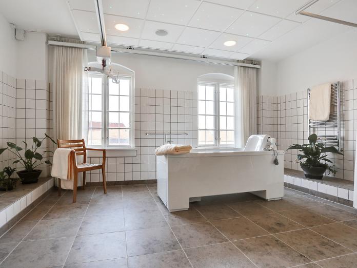 Wellness-rum med loftslift og karbad samt store, grønne planter i krukker.