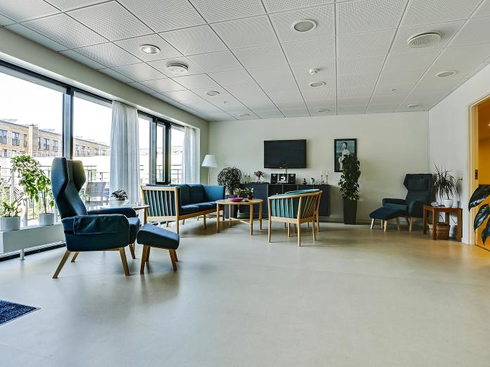 Fælles tv-stue med store vinduespartier. Stuen er indrettet med sofa, lænestole, øreklapstole og sofabord samt grønne planter i krukker.