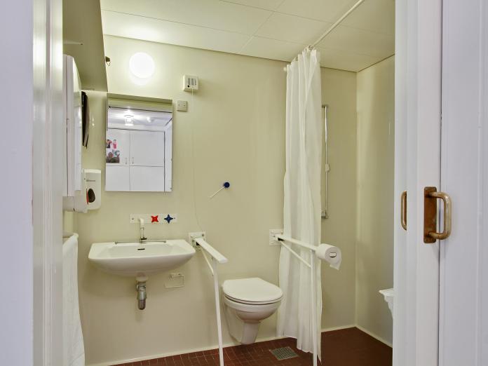 Hvidt badeværelse med toilet med armstøtte, vask med spejl og bruser.
