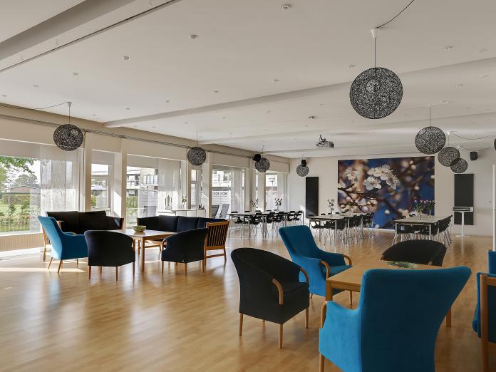 Fællesområde med adgang til stor, flisebelagt terrasse og park med græsplæne, buske og store træer.