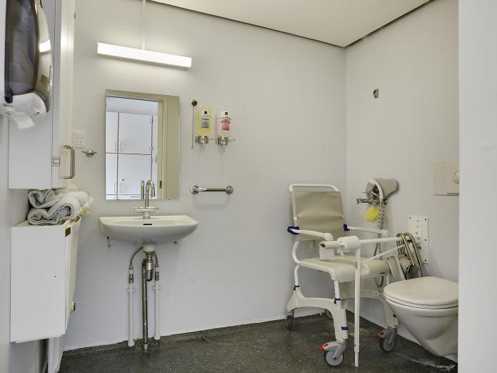 Hvidmalet badeværelse med vask, spejl, toilet og bruser.