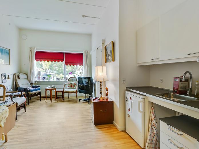 Lys stue med tekøkken med vask og køleskab. Stuen er indrettet med personlige møbler som lænestole, sideborde, fjernsyn og lamper samt malerier på væggene.