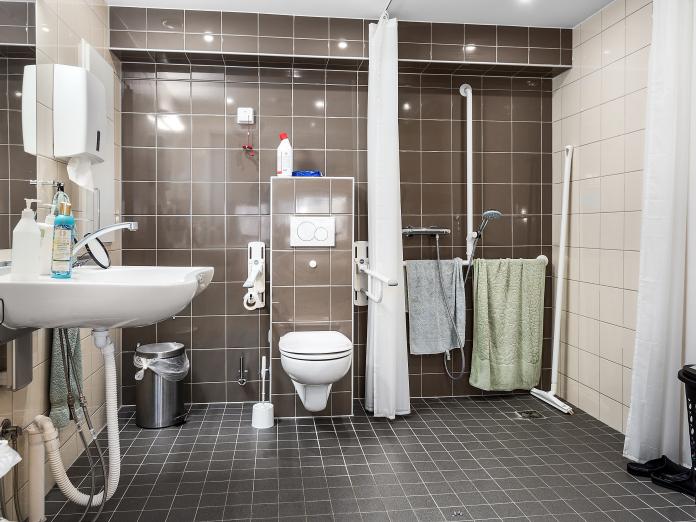 Stort badeværelse i lyse og mørke klinker med bruser, væghængt toilet, håndvask og spejl. 