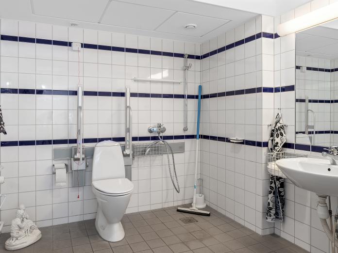 Stort, lyst klinkebadeværelse med vask, spejl, toilet og bruser.