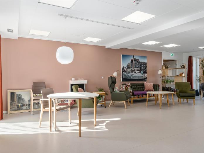 Fællesrum med sofa, lænestole, elektrisk pejs, reol, rundt spisebord med stole samt grønne planter og malerier på væggene.