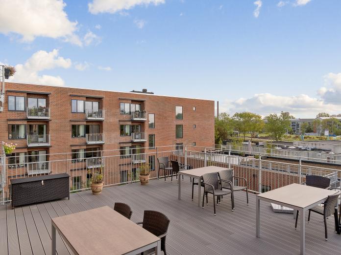 Fælles træterrasse møbleret med borde, kurvestole og blomster i krukker. 