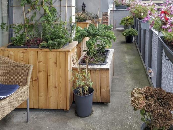 Altan med grøntsager og krydderurter i højbede, blomster i krukker og altankasser samt kurvestole. 
