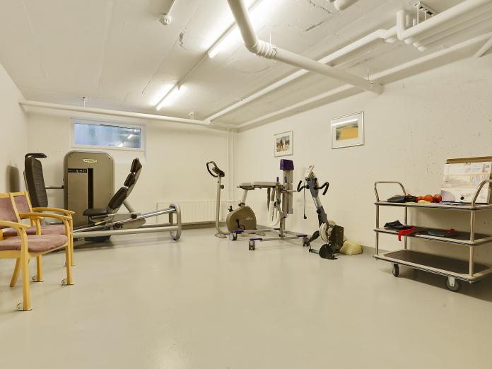 Motionsrum med forskellige træningsmaskiner indrettet i kælderlokale.