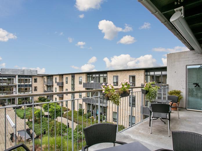 Større fælles altan med kurvemøbler, altankasser med blomster og blomster i krukker.