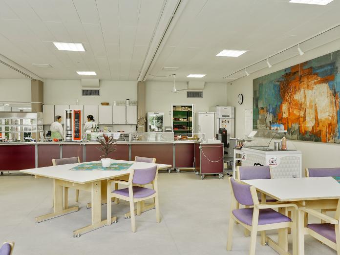 Spisestue med kantine og spiseborde og stole samt kunst på endevæggen.  