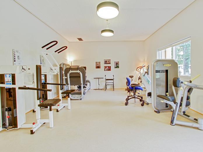 Lyst motionsrum med flere forskellige motionsmaskiner som kan indstilles til siddende træning. 