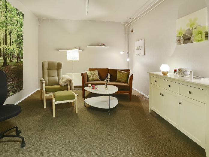 Lille, hyggelig stue med sofa, lænestol og sofabord samt kommode, små lamper og billeder af natur.