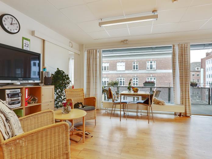 Fællesområde med fjernsyn, kurvemøbler, grønne planter og udgang til altan. 