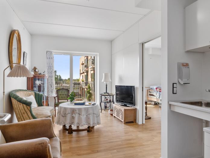 Lys stue med stort vinduesparti og dør, hvorfra der er udgang til privat altan. Stuen indeholder også et tekøkken og fra stuen er der adgang til soveværelset.