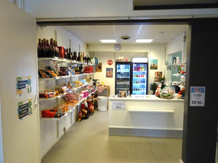 Kiosk med varer på hylderne, to køleskabe og en disk.