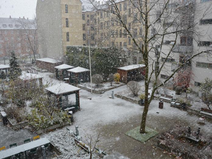 Fælledgårdens have i snevejr.