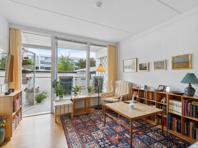 En bolig med sofa, stol, billeder på væggen, bogreol, tv og udgang til en altan.