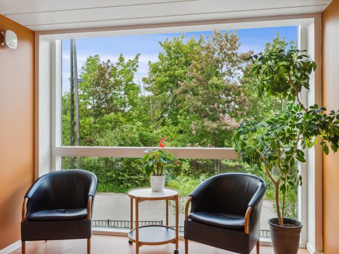 Fælles hyggekrog med to sorte lænestole, et rulleborg, en plante og stort vinduesparti med kig ud til træer og buske.