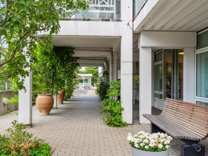 Udendørsområde med fliser, store krukker med blosmter og planter og en træbænk.